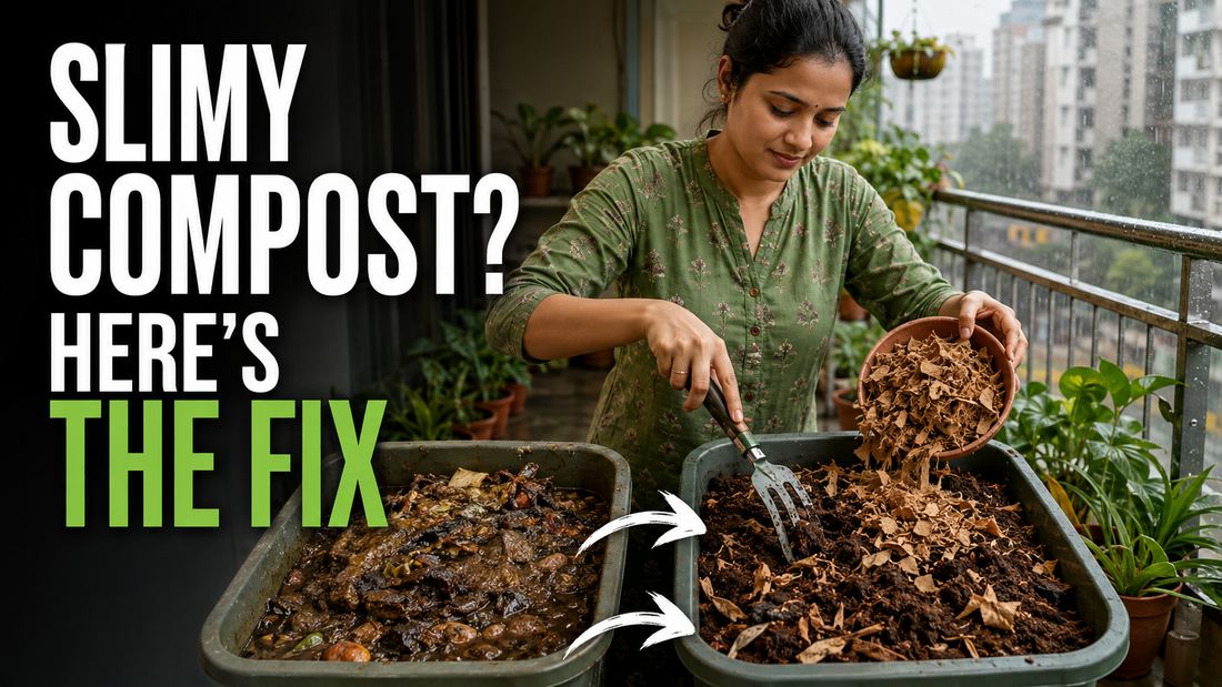 Gardener adding dry brown leaves to fix slimy kitchen waste compost on an Indian balcony