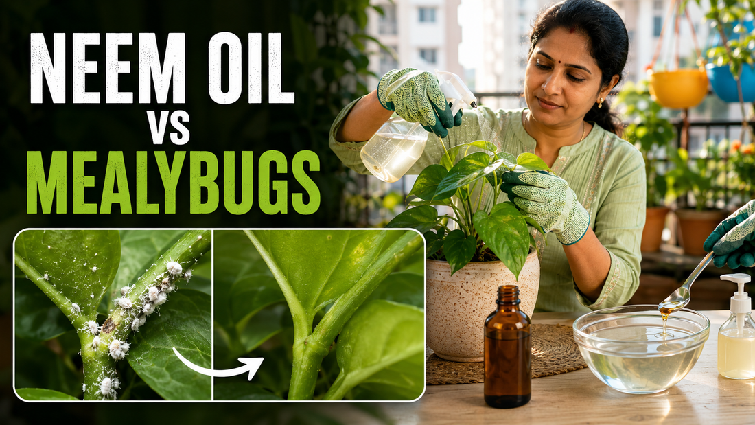 Spraying neem oil solution on a plant to treat mealybugs, with before and after close-up of infested stem