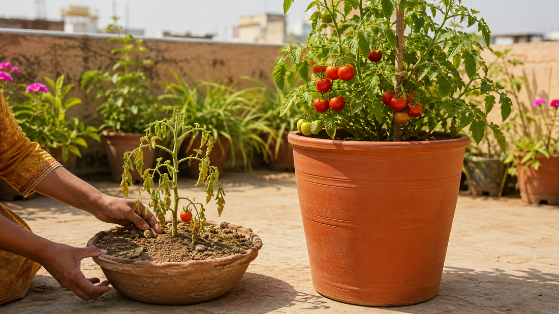 A failed tomato plant in a shallow pot beside a healthy fruiting tomato in a deep container during Indian summer